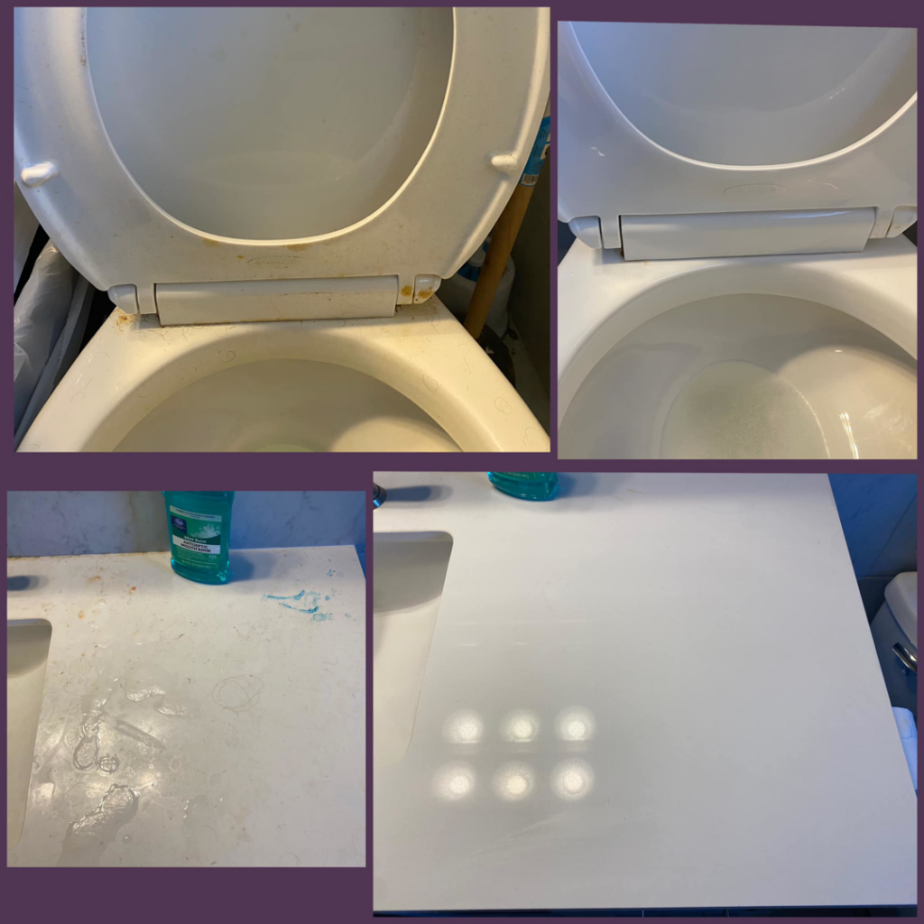 A before and after view of a toilet seat and bathroom vanity sink cleaned by Alissa's Cleaning Service L.L.C in Indianapolis, IN.