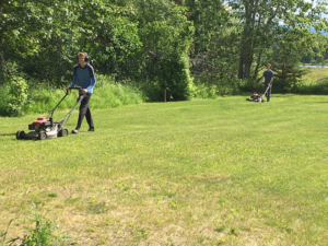 Two Leader Lawns specialists efficiently mowing a large grassy area with push mowers in Anchorage, AK.