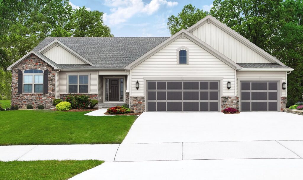 Two modern gray garage doors with horizontal windows on a residential home by Access Door Systems in Uniontown, PA.