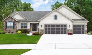 Two modern gray garage doors with horizontal windows on a residential home by Access Door Systems in Uniontown, PA.