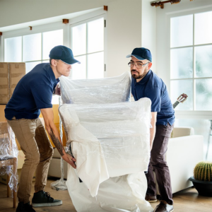 Two professional movers carefully carrying wrapped furniture for Delivery on Demand in Scottsdale, AZ
