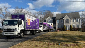 Two Paradise Moving & Storage trucks parked in front of a house in Boston, MA.