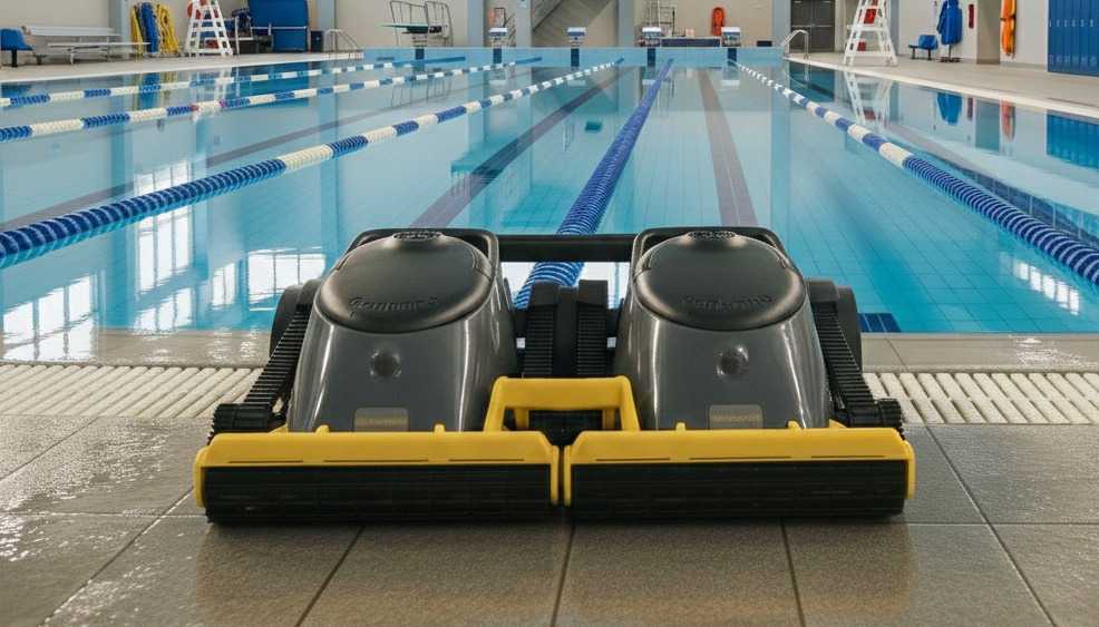 Two genkinno robotic pool cleaners ready for service at a large indoor pool in Dover, DE.