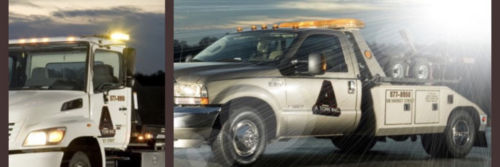 Two A-Tow Atlanta / Alpharetta tow trucks, a flatbed and a wheel-lift, ready for service in Atlanta, GA.