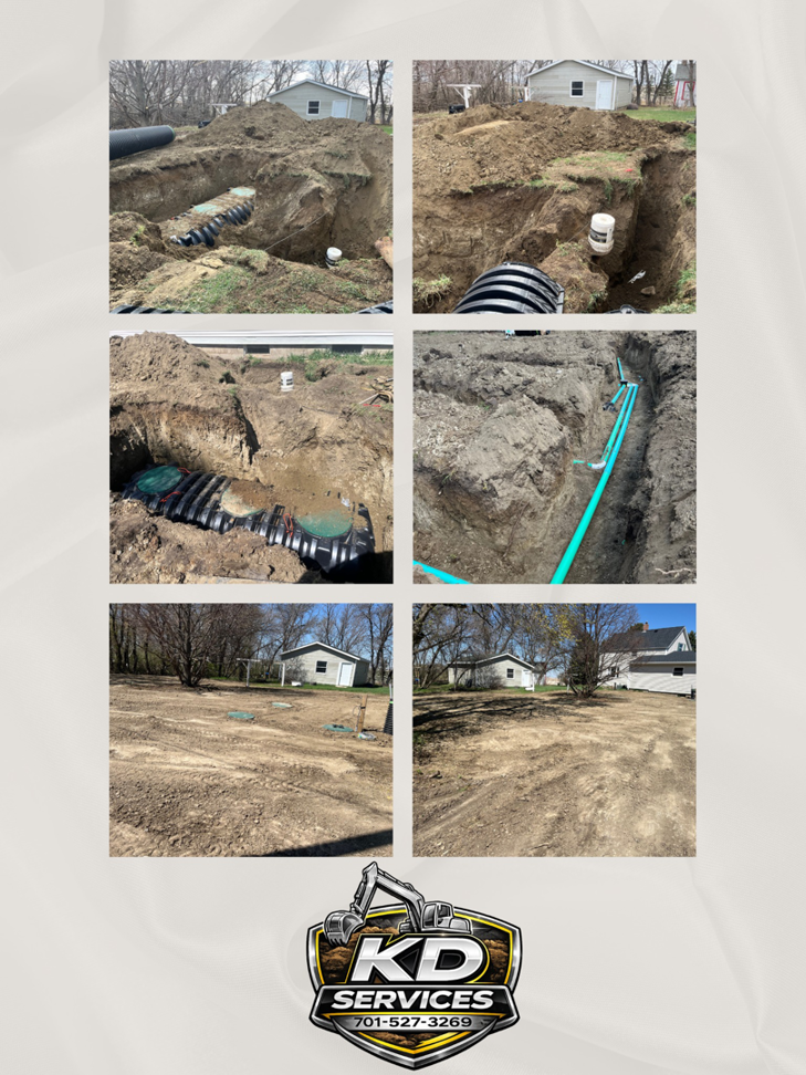 Underground drainage and utility pipe installation around a house by KD Services - Excavating in Bismarck, ND