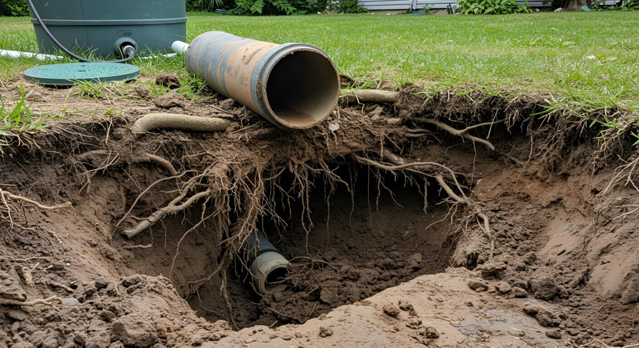 An excavation site showing underground pipes and a utility tank being repaired by Western Iowa Utilities in Council Bluffs, IA.