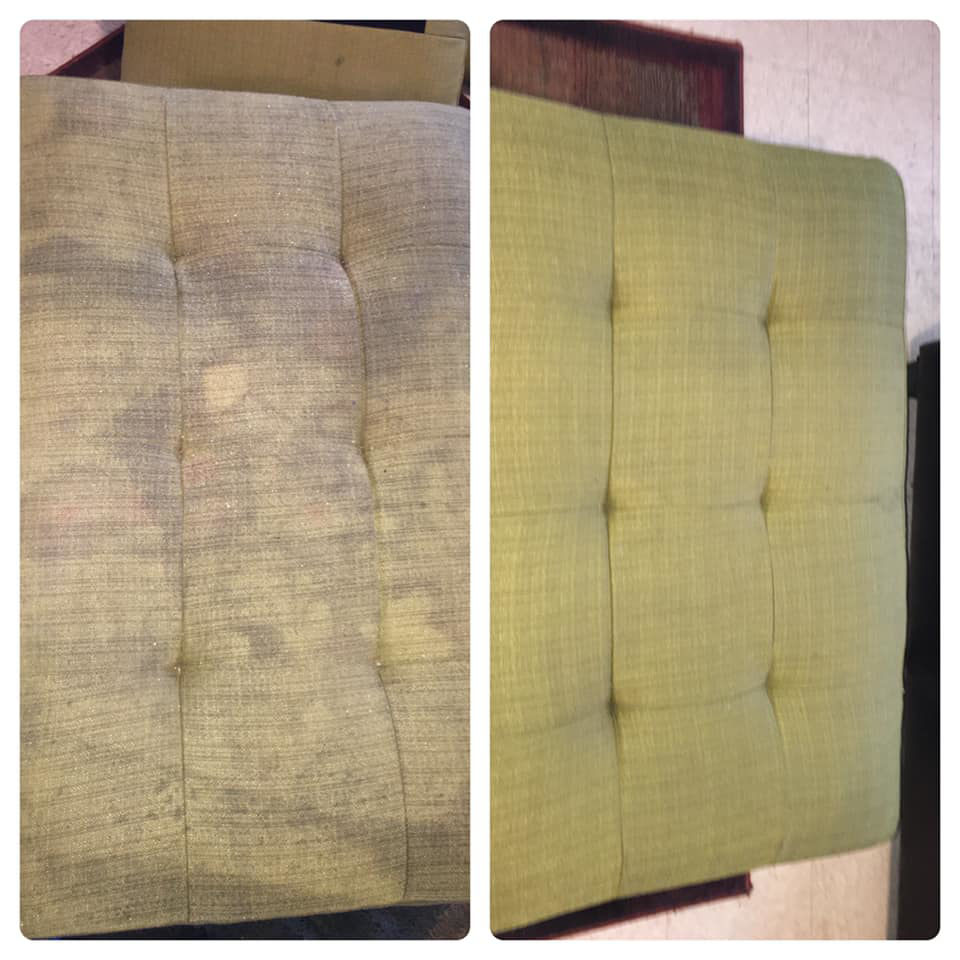 Before and after comparison of a professionally cleaned upholstered ottoman by Klean Living in Lawson, Dallas, TX.