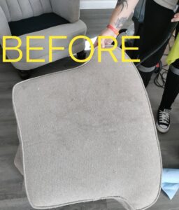 A dirty chair cushion marked 'BEFORE' cleaning, showing upholstery cleaning service by Mighty Mess Maid in Elizabethtown, KY.