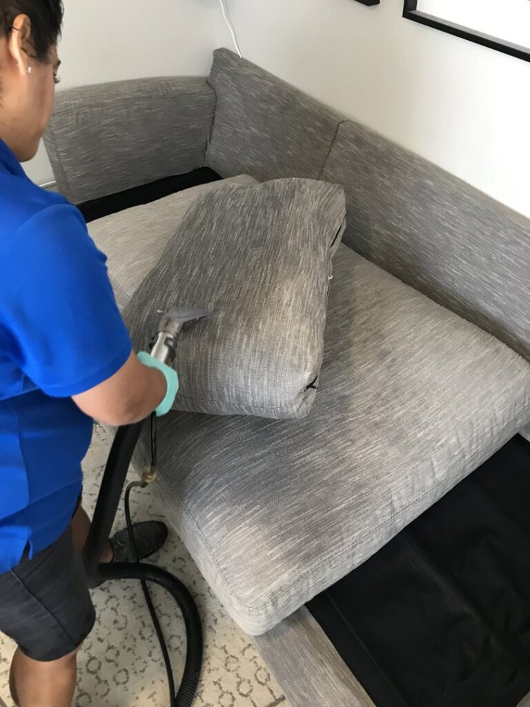 A professional performing upholstery cleaning on a sofa cushion for Happy Client Cleaning Services in Fort Collins, CO.