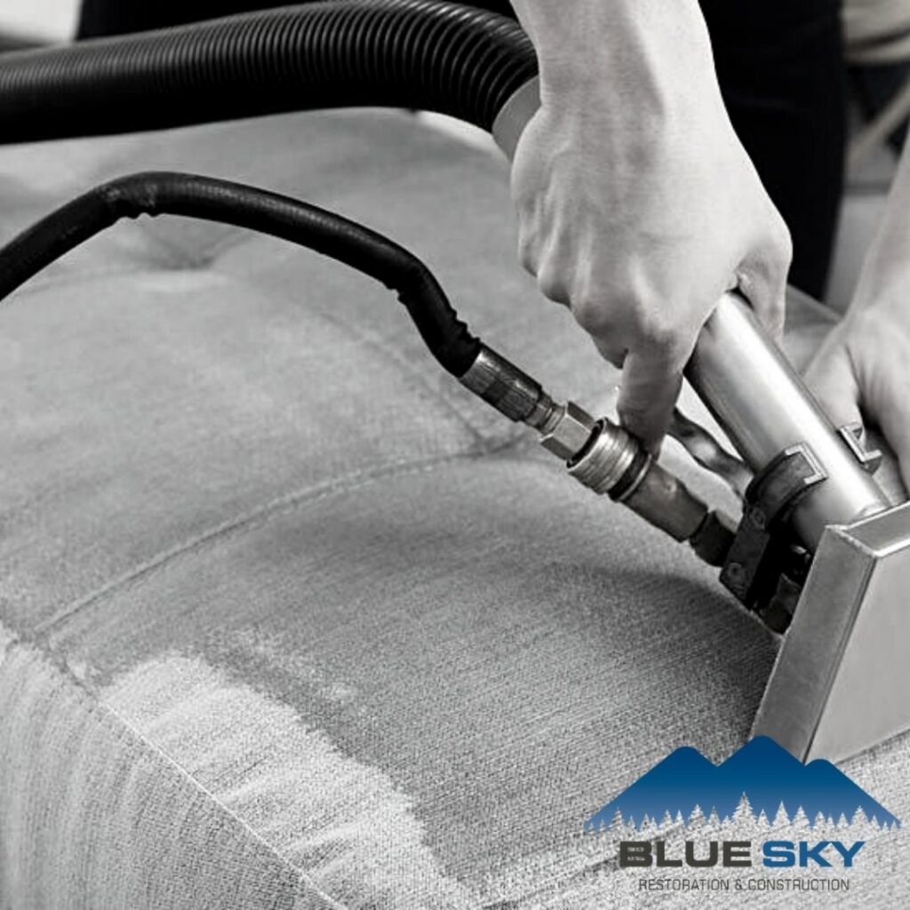A technician performing upholstery cleaning, often part of water damage restoration, at Clear Sky Restoration & Construction in Jackson, WY.