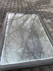 A very dirty skylight on a roof, covered in grime and reflecting bare trees, awaiting cleaning by Exterior Wash Pro LLC in Springdale, AR.