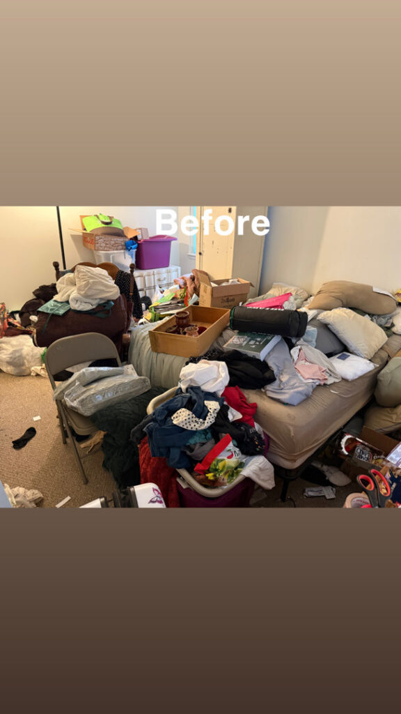 A very messy bedroom filled with clutter, showing the need for cleaning by The Blake Experience Cleaning Service in Albany, NY.