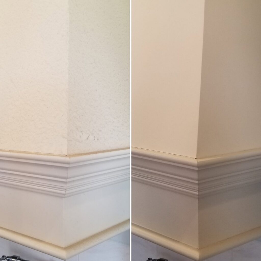 Before and after photos of a wall corner and baseboard, demonstrating detailed cleaning by Platt Cleaning Services in Lafayette, LA.