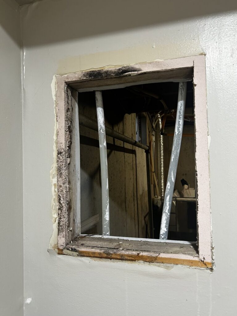 A wall cutout revealing pipes and signs of water damage during an inspection by Anytime Flood Restoration in Thornton, CO