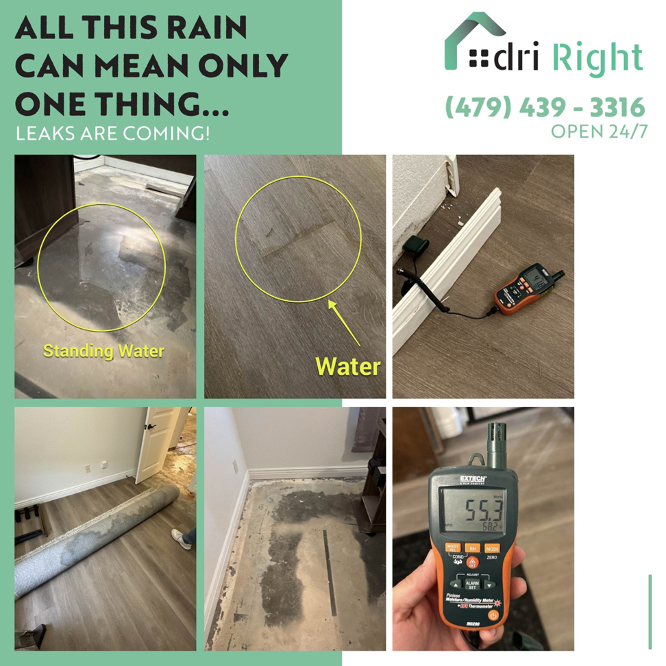 A collage showing various stages of water damage assessment, including standing water, wet subfloor, and a moisture meter, by Dri Right Restoration of Arkansas in Springdale, AR.