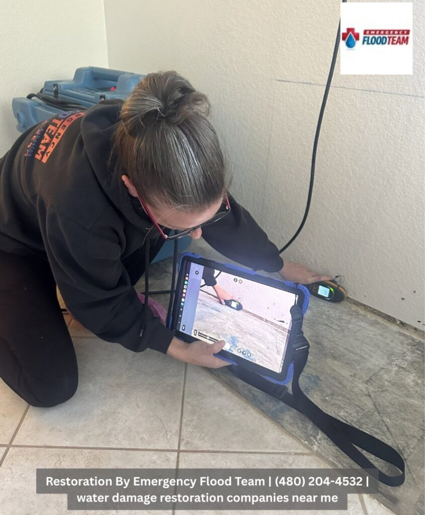 A technician from Emergency Flood Team performing a water damage assessment with a moisture meter and tablet in Gilbert, AZ