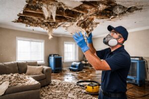 A technician in protective gear removing a water-damaged ceiling, part of the restoration process by Seco Water Damage Restoration in Sterling Heights, MI.