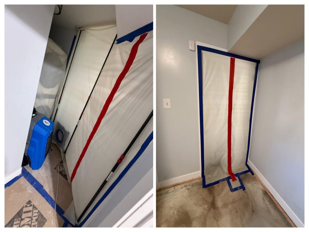 Water damage containment and air mover setup in a hallway by 4 Seasons Restoration LLC in Midvale, UT.
