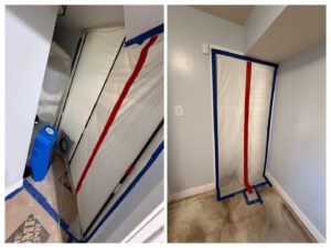 Water damage containment and air mover setup in a hallway by 4 Seasons Restoration LLC in Midvale, UT.