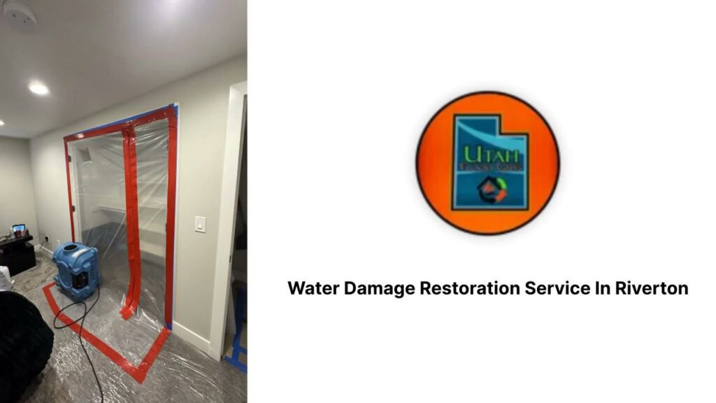 A room with plastic sheeting containment and an air mover for water damage restoration by Utah Flood Guys in Sandy, UT.