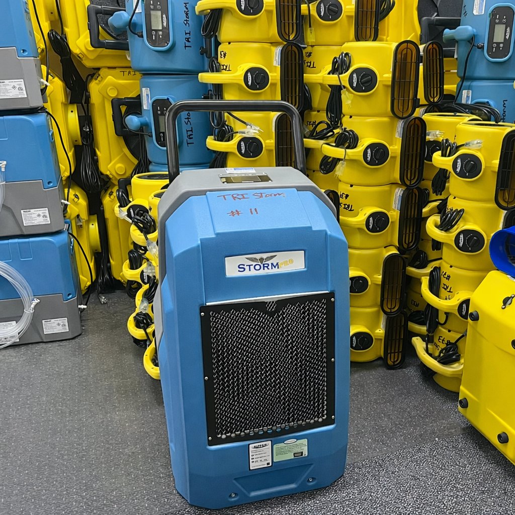 A blue industrial dehumidifier and air movers used for water damage restoration by TriStorm in South Bend, IN