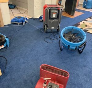 Air movers and dehumidifiers set up on a blue carpet for water damage drying by Restored Air in Summerville, SC.