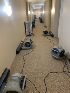 A hallway filled with air movers and dehumidifiers for water damage drying by Specialized Cleaning & Restoration, Inc. in Bismarck, ND.