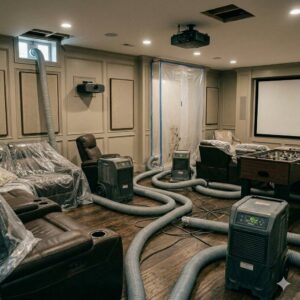 Water damage drying equipment, including air movers and dehumidifiers, set up in a home theater by Seco Water Damage Restoration in Sterling Heights, MI.