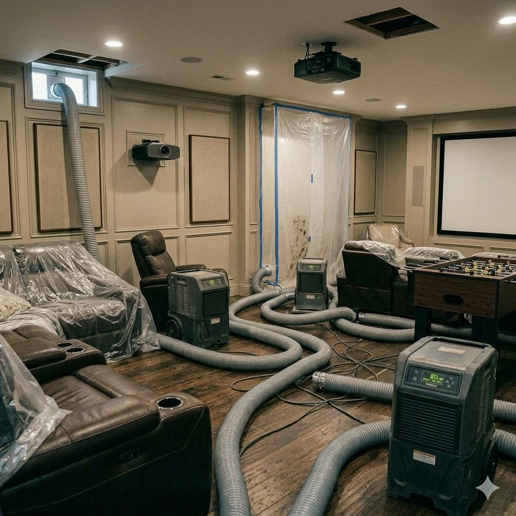 Water damage drying equipment, including air movers and dehumidifiers, set up in a home theater by Seco Water Damage Restoration in Sterling Heights, MI.