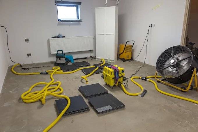 A room filled with professional water damage drying equipment, including fans and dehumidifiers, used by Star Water Damage Fresno, CA.