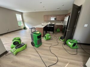 Water damage drying equipment, including air movers and dehumidifiers, set up by SERVPRO of Hardin/LaRue Counties in Elizabethtown, KY