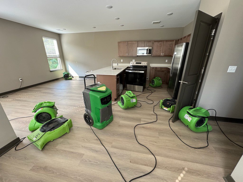 Water damage drying equipment, including air movers and dehumidifiers, set up by SERVPRO of Hardin/LaRue Counties in Elizabethtown, KY