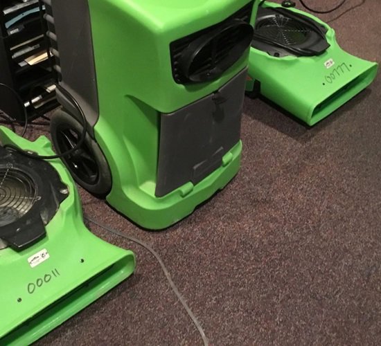Green SERVPRO air movers and dehumidifiers set up on a carpeted floor for water damage drying by SERVPRO of Brandywine/Wilmington in Wilmington, DE.