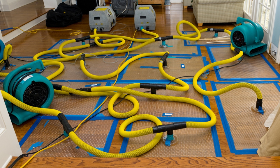 Water damage drying equipment with air movers and hoses on a hardwood floor at Verg Restoration in Vancouver, WA