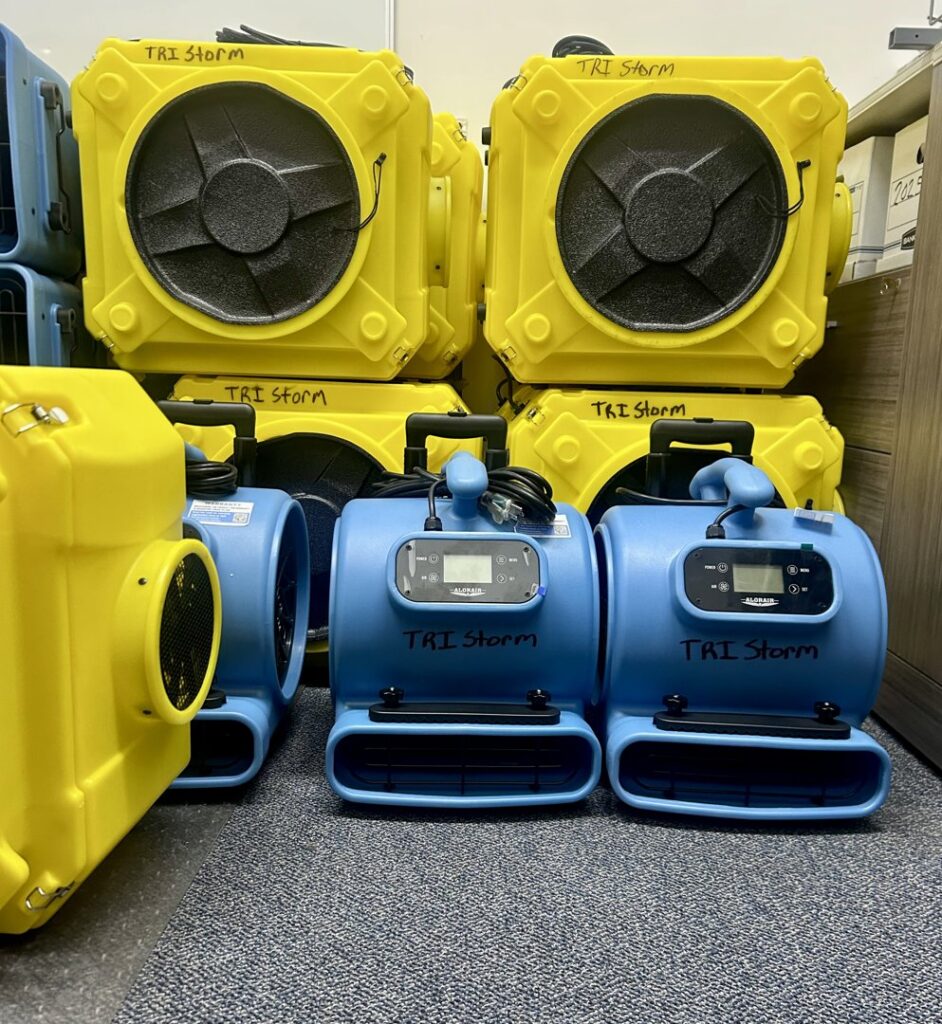 Industrial drying fans and air movers used for water damage restoration by TriStorm in South Bend, IN