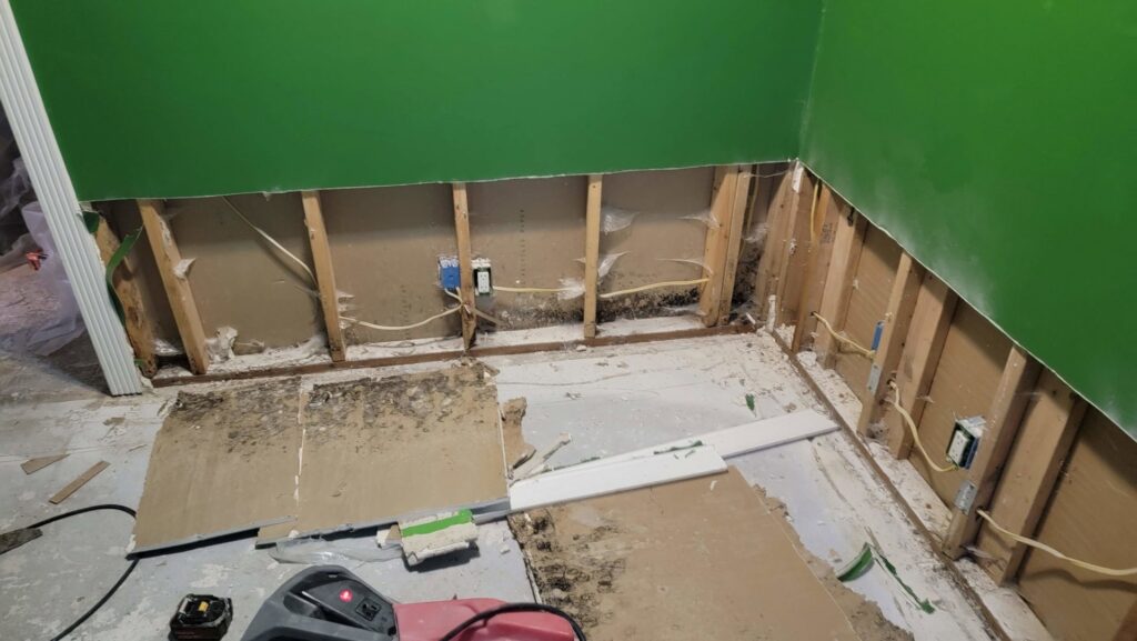 A room with drywall removed, revealing mold growth on wall studs due to water damage, handled by Utah Disaster Team in Layton, UT.