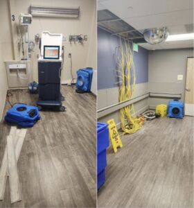 A split image showing a room during water damage remediation with drying equipment and removed flooring by SO-CO Water Damage in Pueblo, CO.