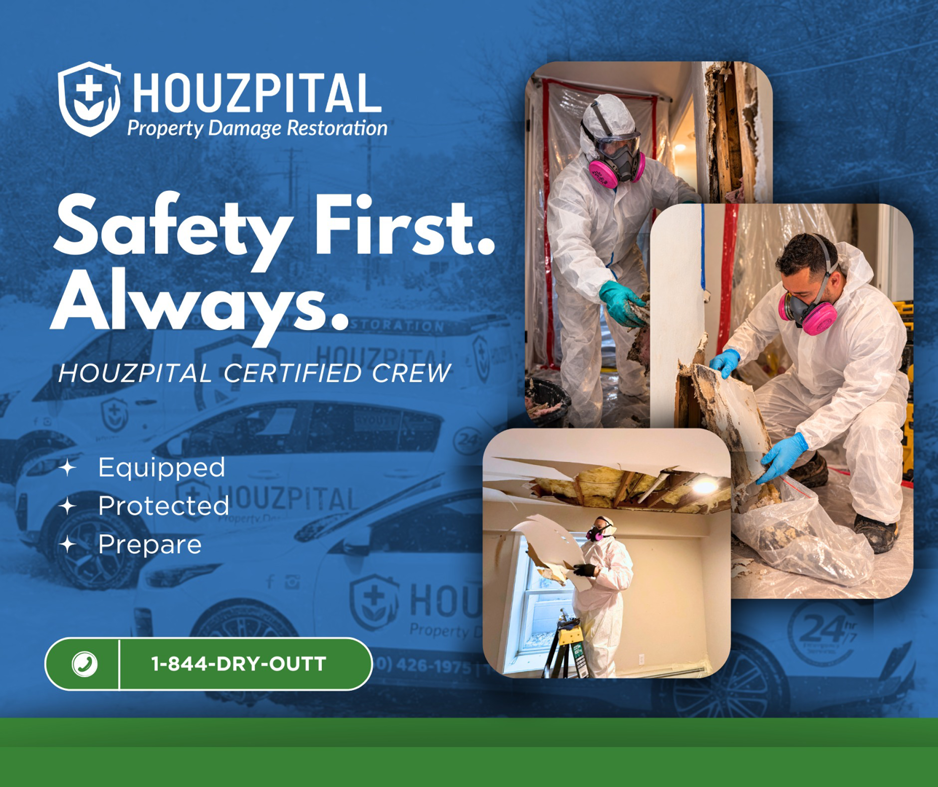 A Houzpital crew in protective gear performing water damage remediation and material removal in New Britain, CT.