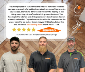 Servpro of East Independence/Blue Springs team repaired water damage from an ice maker leak in Oak Grove, MO, restoring flooring and drywall.