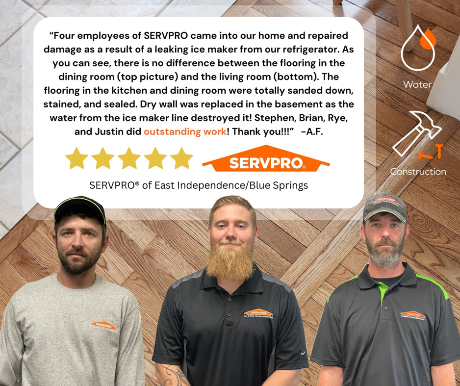 Servpro of East Independence/Blue Springs team repaired water damage from an ice maker leak in Oak Grove, MO, restoring flooring and drywall.