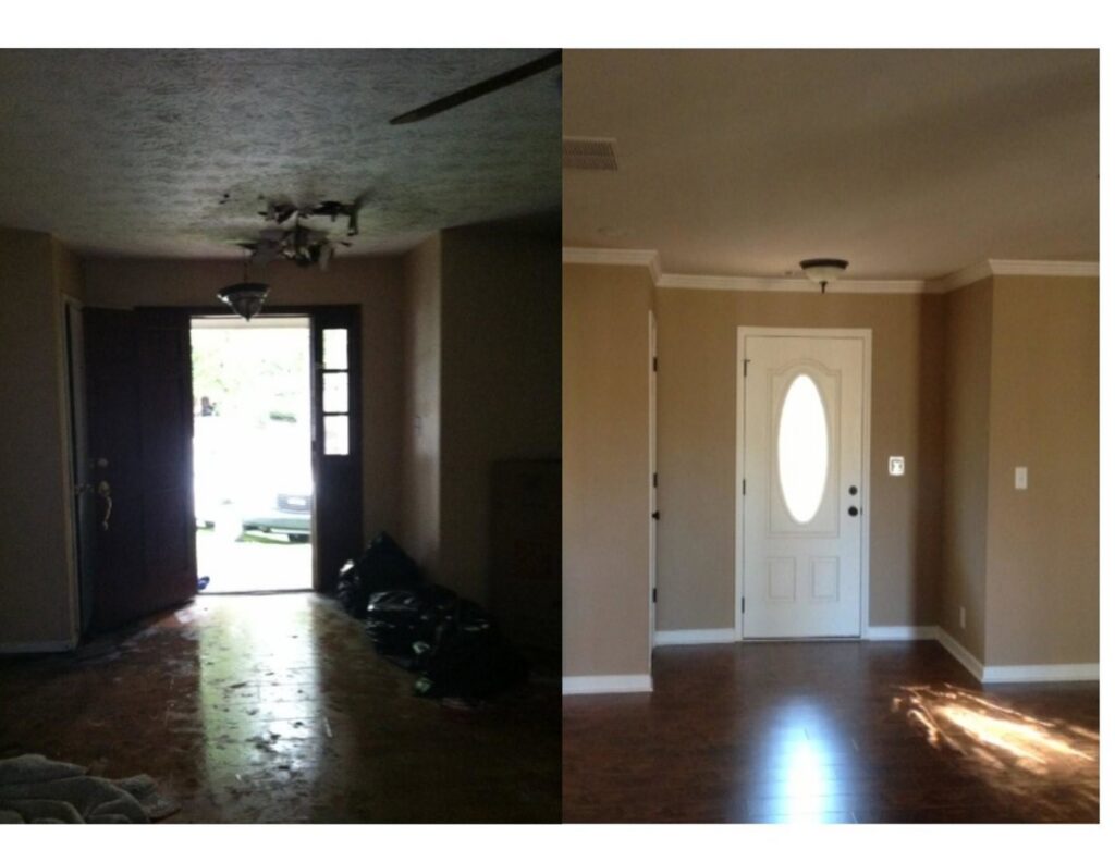 Before and after comparison of an entryway showing severe water damage on the left and complete restoration on the right by Level Creek Property Restoration in Buford, GA.