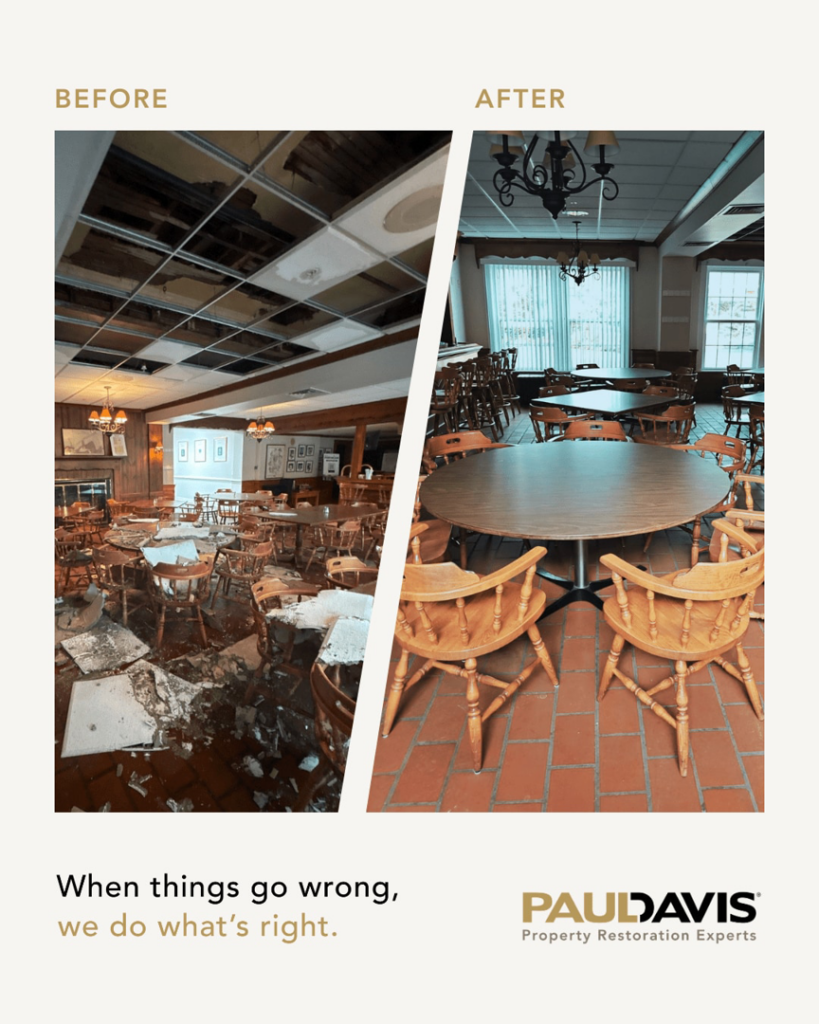 Before and after view of a dining area showing extensive water damage restoration by Paul Davis of Norman & SW OKC in Norman, OK.