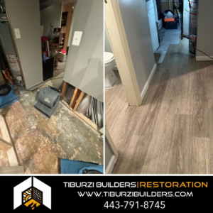Before and after photo of water damage restoration, showing drying equipment and new flooring installed by Tiburzi Builders in Hagerstown, MD.