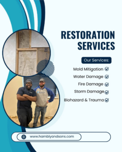 Water damage restoration crew standing in a room with exposed walls, performing remediation for Hambly and Sons Cleaning and Restoration in Waterloo, IA.