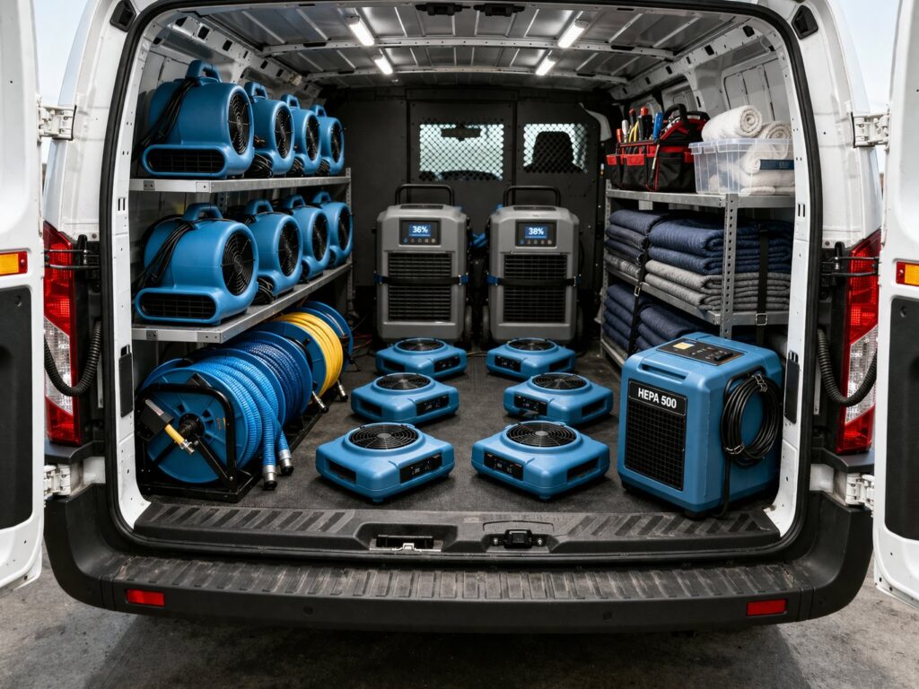 A fully equipped van with water damage restoration tools like air movers and dehumidifiers, ready for service from Seco Water Damage Restoration in Sterling Heights, MI.