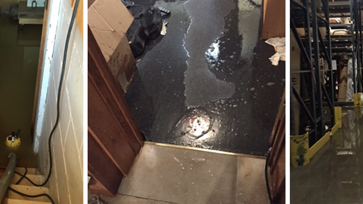 A collage showing flooded areas and a water pump used for restoration by USA Water Damage Thunder Restoration in Coon Rapids, MN.