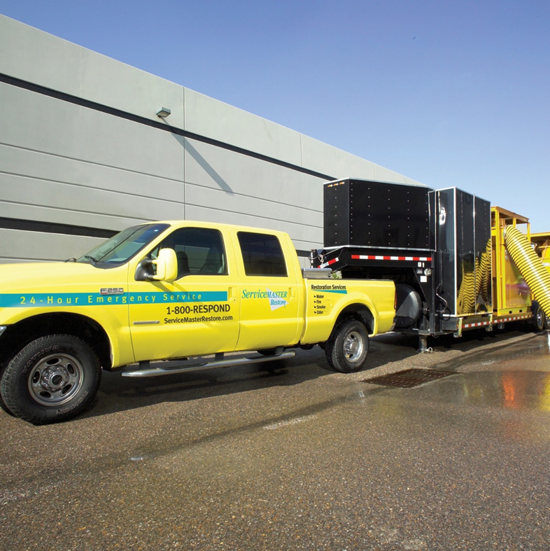 A ServiceMaster of Southeast South Dakota truck with specialized water damage restoration equipment in Yankton, SD.