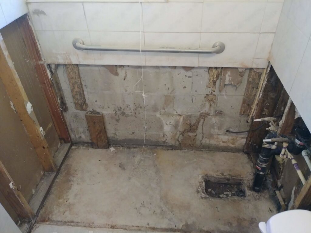 A bathroom wall with drywall removed, revealing water-damaged wood studs and subfloor during remediation by Plumb Pro in Mountlake Terrace, WA.