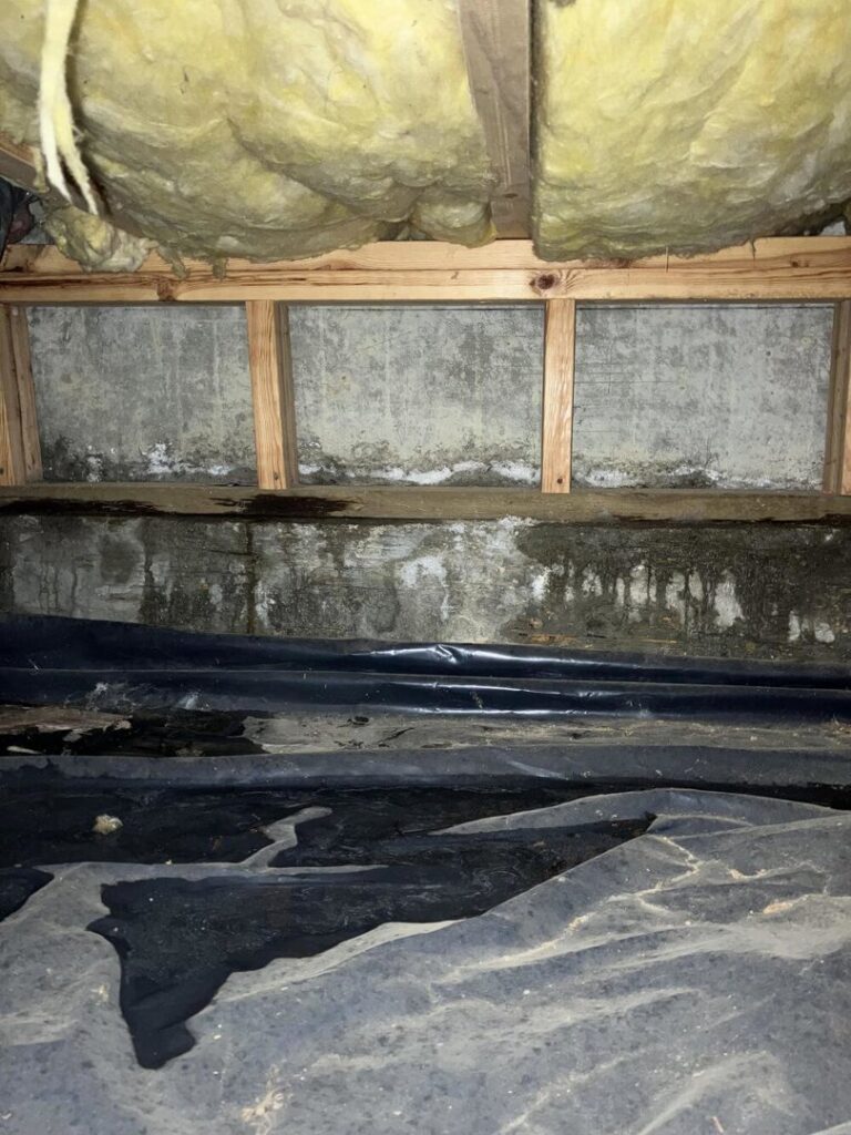 A severely water-damaged crawl space with standing water and mold, requiring restoration by APEX Restoration in Mililani, HI