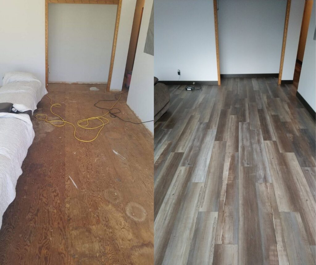 Before and after of water damaged floor restoration by Hugo Home Improvement in Mandan, ND.